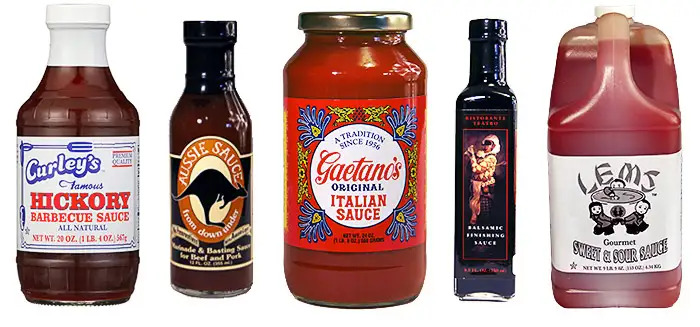 Pictures of bottles from Gaetano’s Italian Sauces, Aussie Sauces, and Marinades Teàtro Sauces and Vinaigrettes, Curley’s Famous Barbecue Sauces